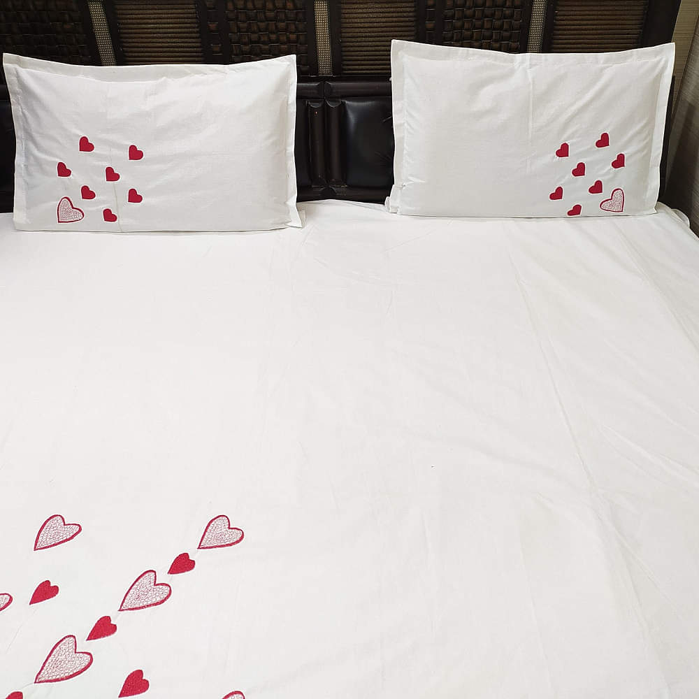 Beautiful Heart Embroidery Double Bedsheet With Two Pillow Covers (Pure Cotton) - photo