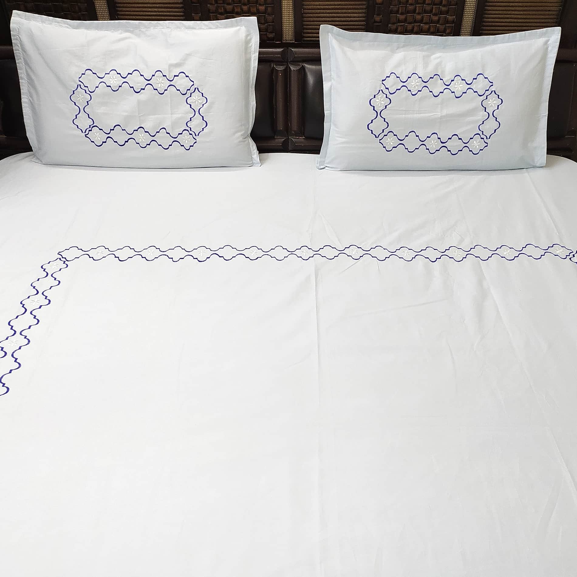 Sky Blue Embroidery Double Bedsheet With Two Pillow Covers (Pure Cotton)