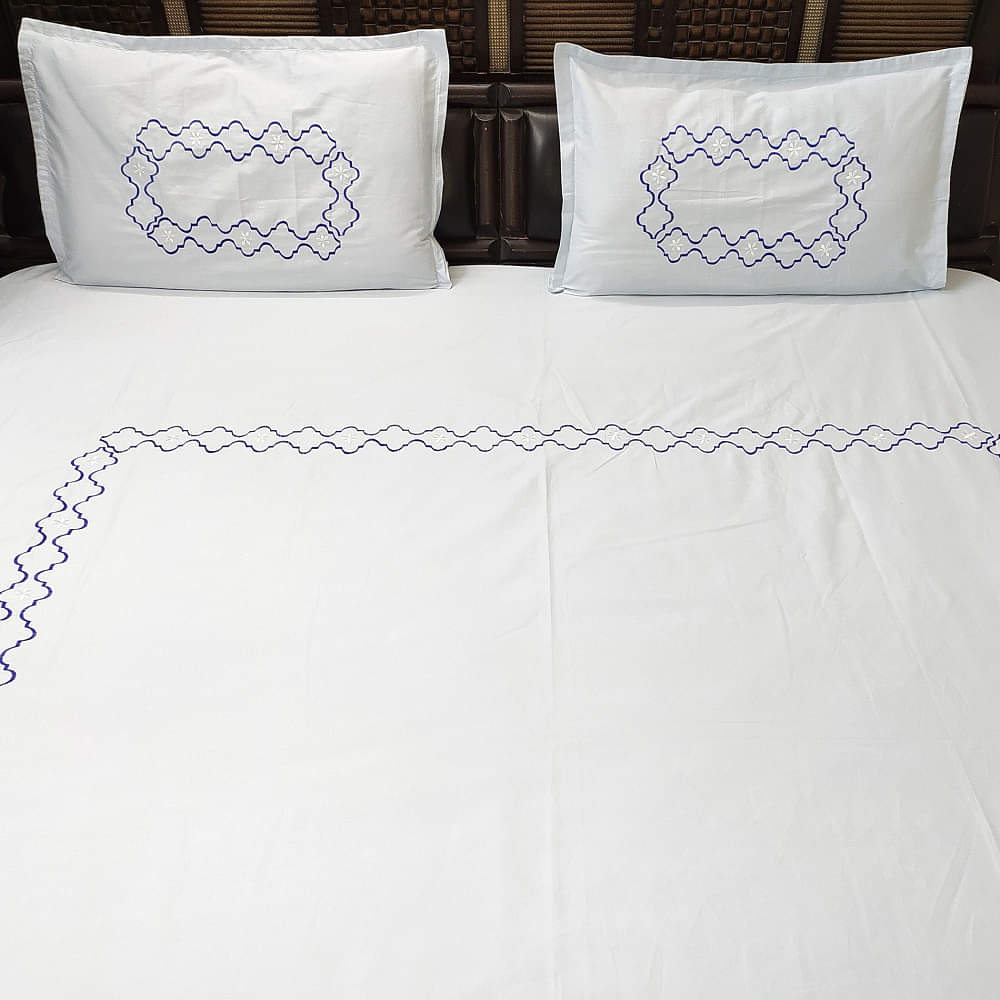Sky Blue Embroidery Double Bedsheet With Two Pillow Covers (Pure Cotton) - photo