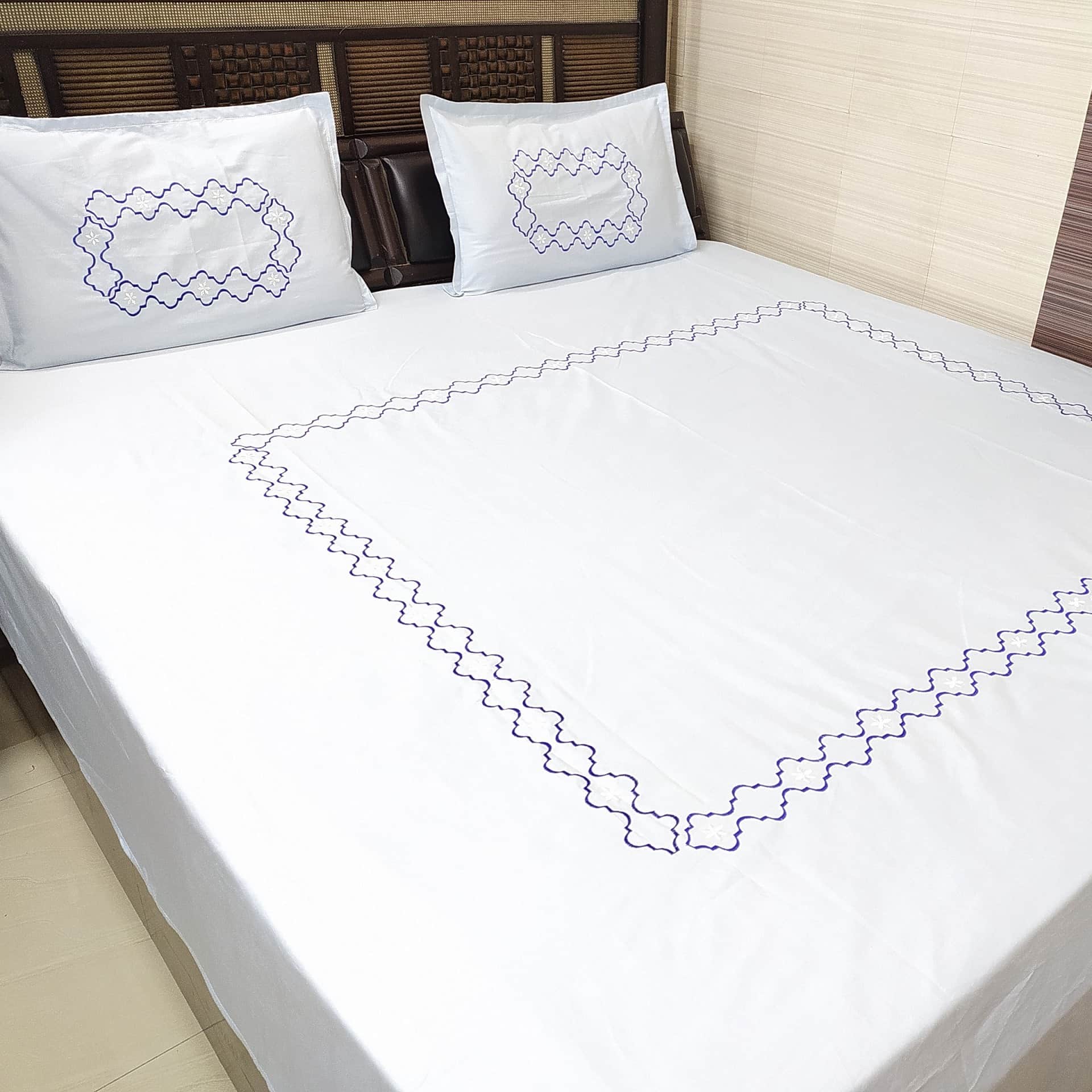 Sky Blue Embroidery Double Bedsheet With Two Pillow Covers (Pure Cotton) - front_view