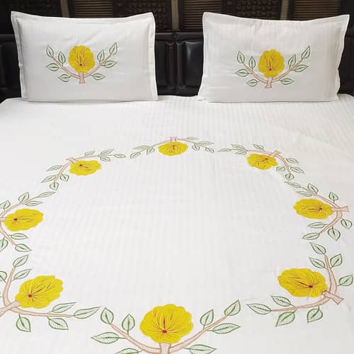 Floral Embroidery Double Bedsheet With Two Pillow Cover (White)