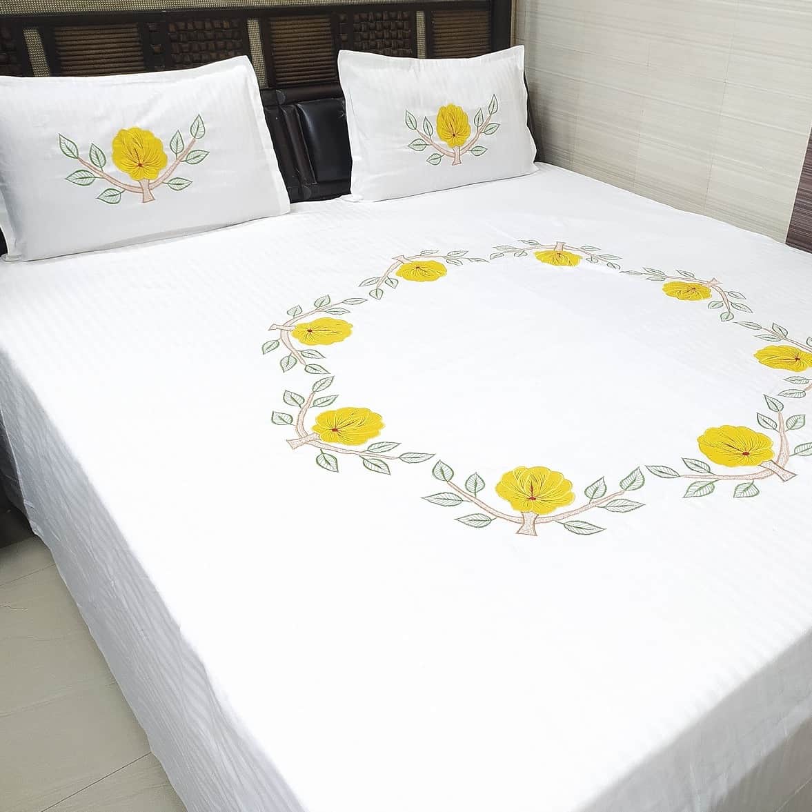 Floral Embroidery Double Bedsheet With Two Pillow Cover (White) - front_view