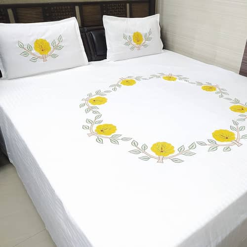 Floral Embroidery Double Bedsheet With Two Pillow Cover (White)