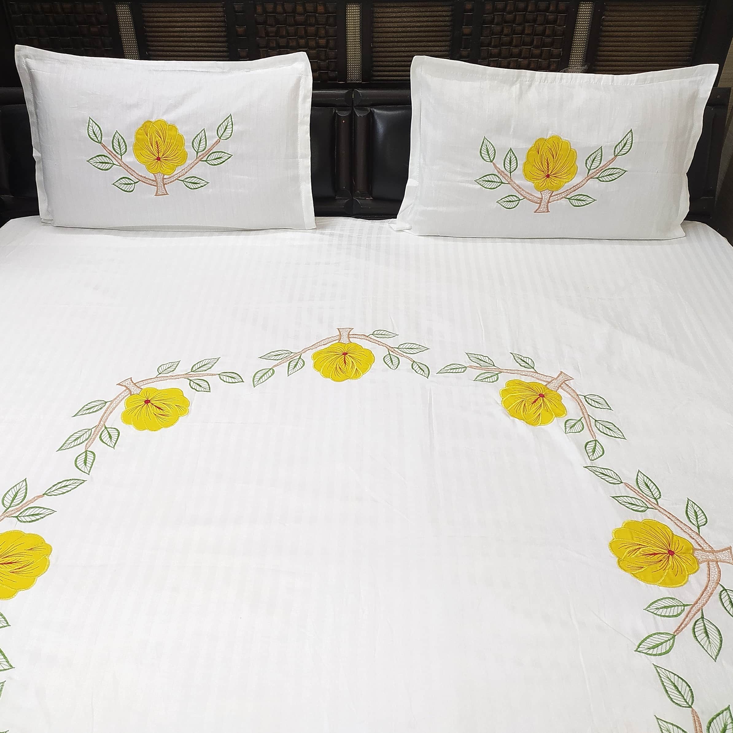 Floral Embroidery Double Bedsheet With Two Pillow Cover (White) - top_view