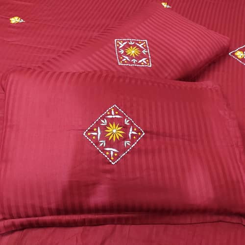 Embroidery Maroon Double Bedsheet With Two Pillow Covers (100x108)