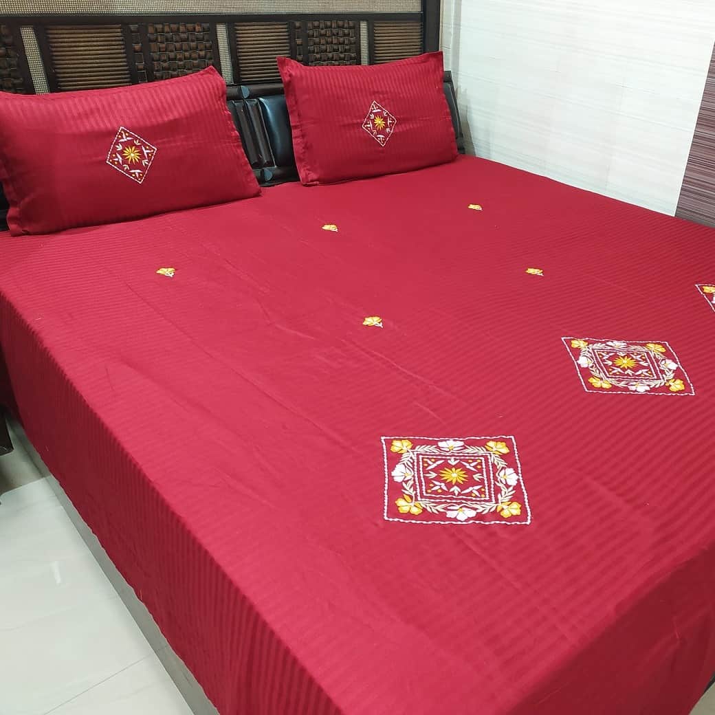 Embroidery Maroon Double Bedsheet With Two Pillow Covers (100x108) - front_view