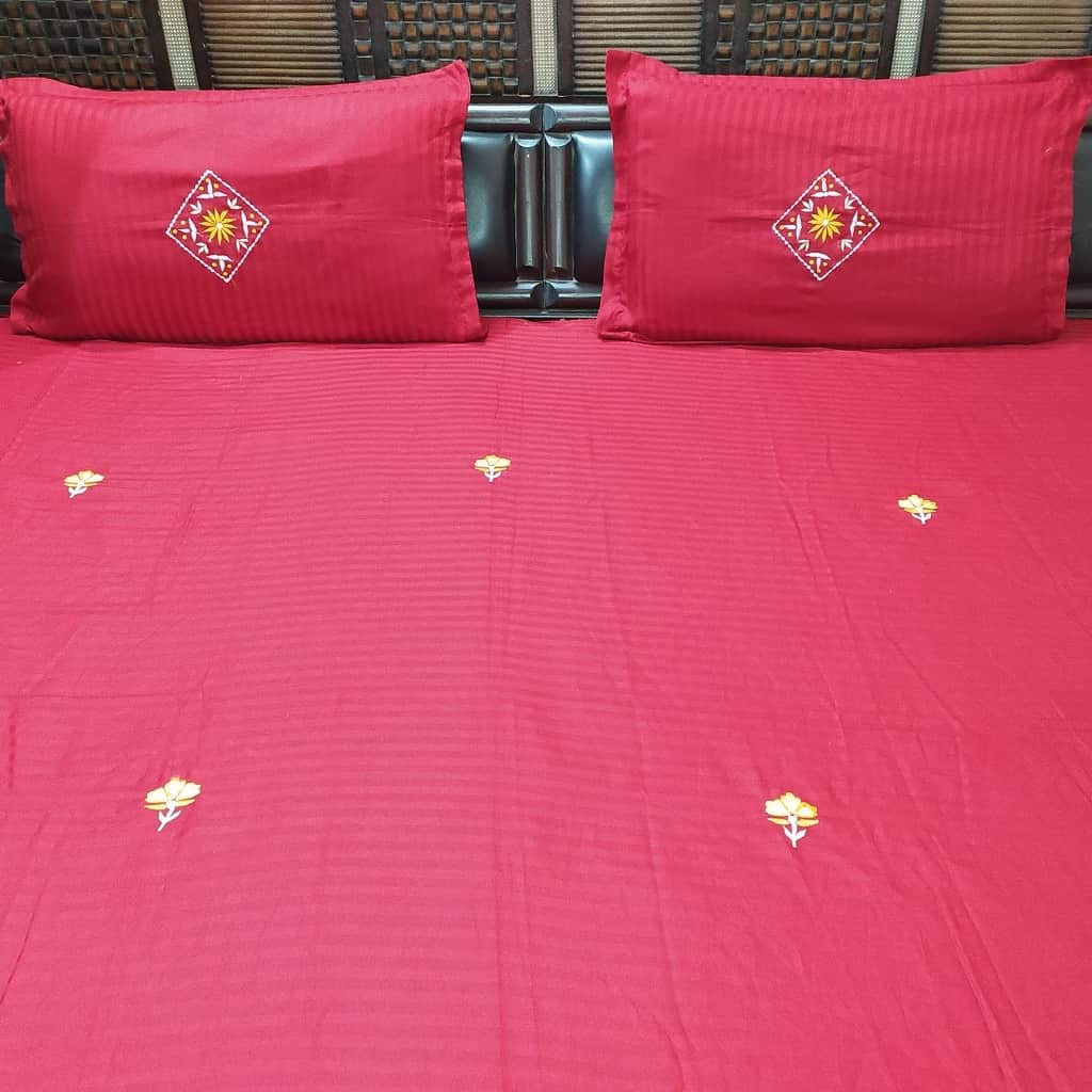 Embroidery Maroon Double Bedsheet With Two Pillow Covers (100x108) - top_view