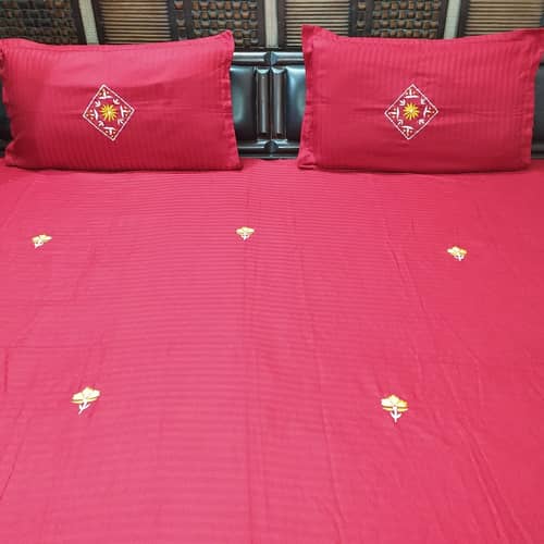 Embroidery Maroon Double Bedsheet With Two Pillow Covers (100x108)