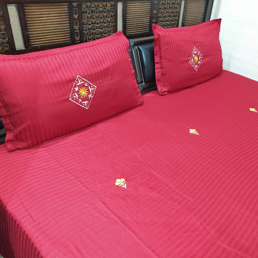 Embroidery Maroon Double Bedsheet With Two Pillow Covers (100x108) - rear_view