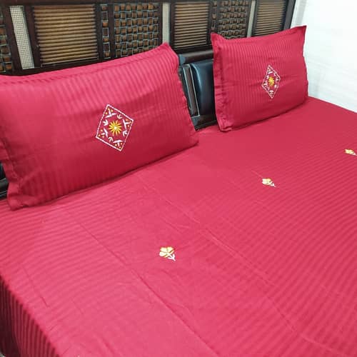 Embroidery Maroon Double Bedsheet With Two Pillow Covers (100x108)