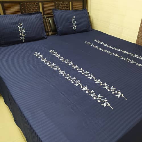 Floral Embroidery King Sized Double Bedsheet With 2 Pillow Covers