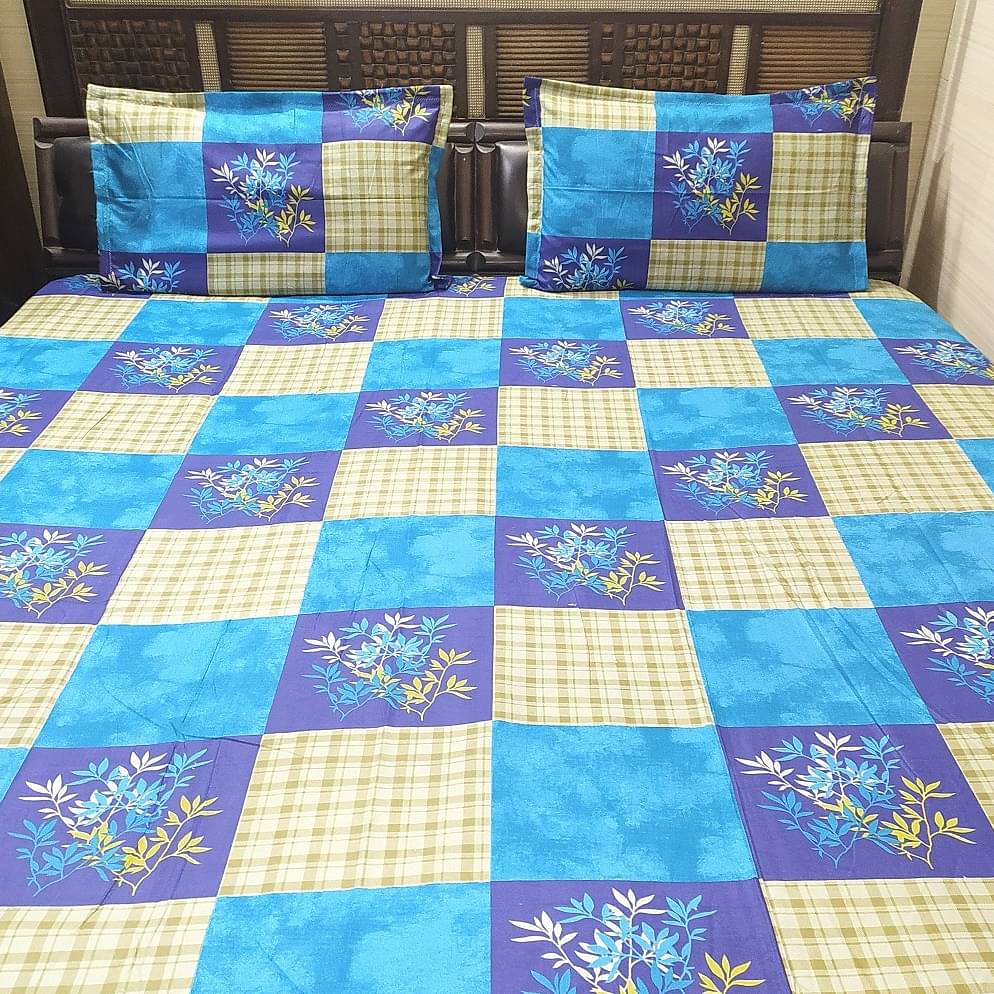 Blue Printed King Sized Double Bedsheet With 2 Pillow Covers