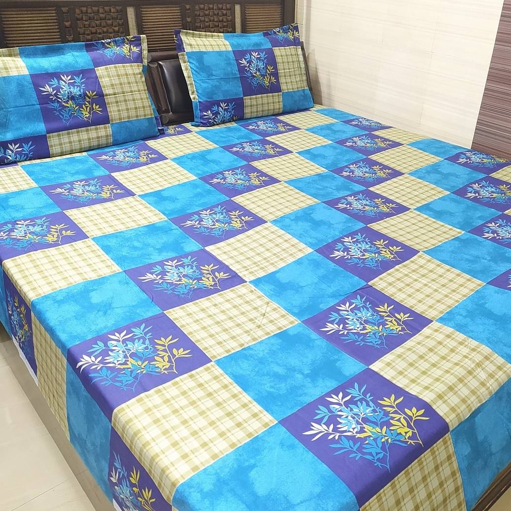Blue Printed King Sized Double Bedsheet With 2 Pillow Covers