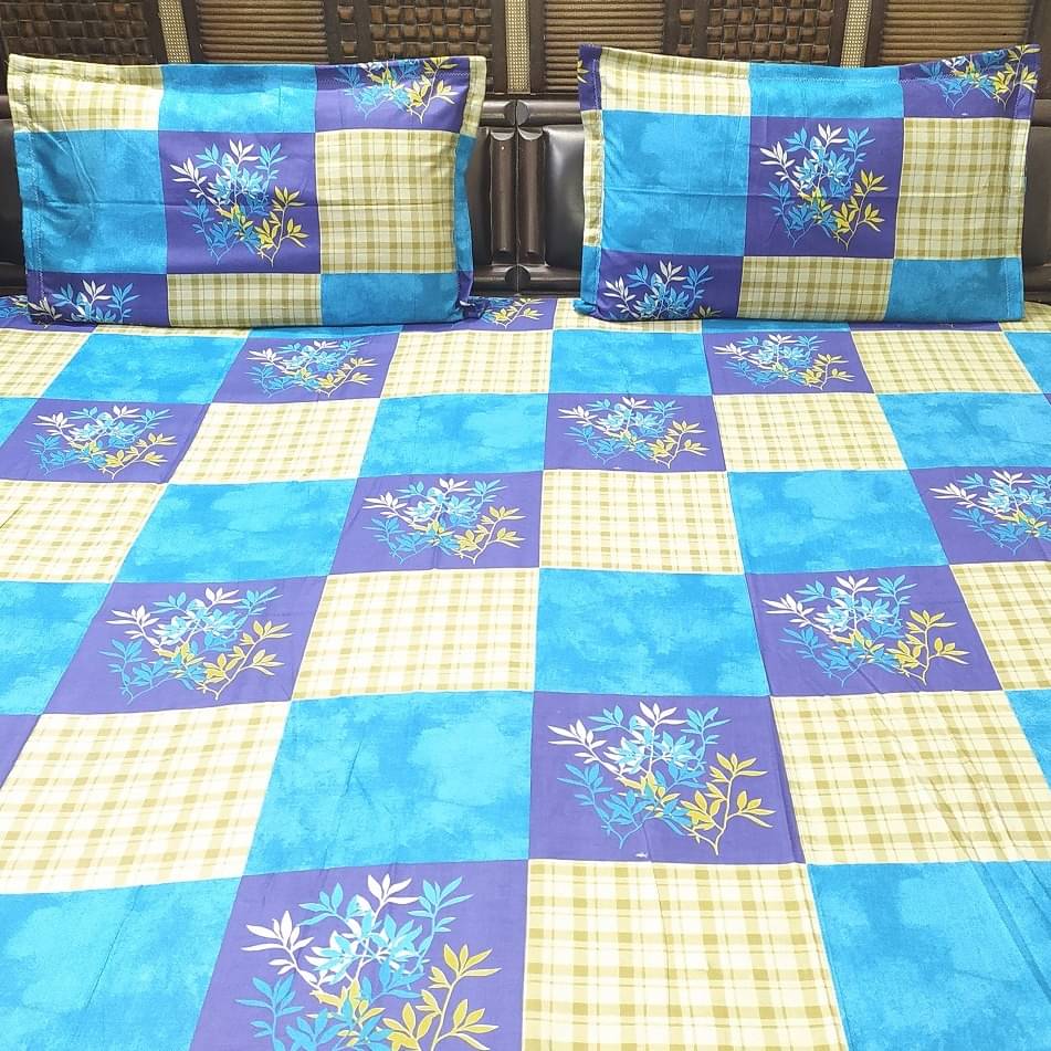 Blue Printed King Sized Double Bedsheet With 2 Pillow Covers
