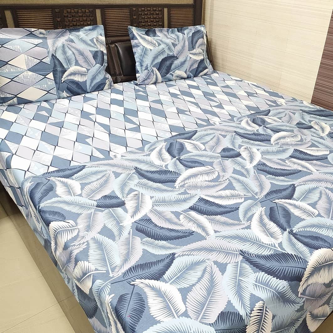 Blue Floral Printed Double Super King Sized Bedsheet With 2 Pillow Covers