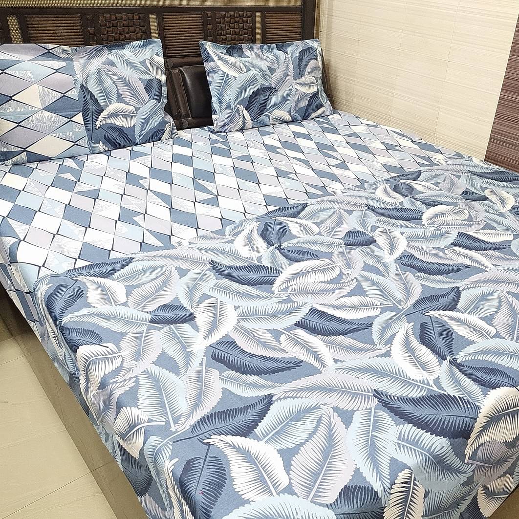 Blue Floral Printed Double Super King Sized Bedsheet With 2 Pillow Covers