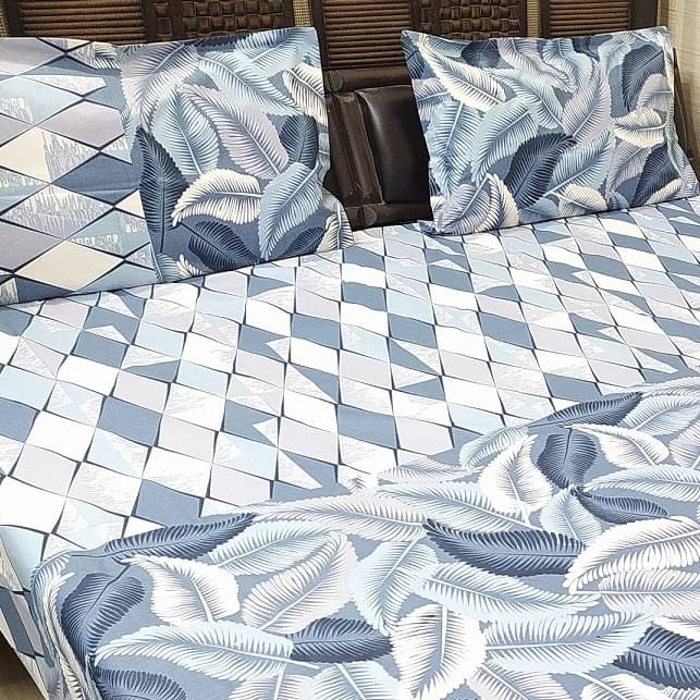 Blue Floral Printed Double Super King Sized Bedsheet With 2 Pillow Covers