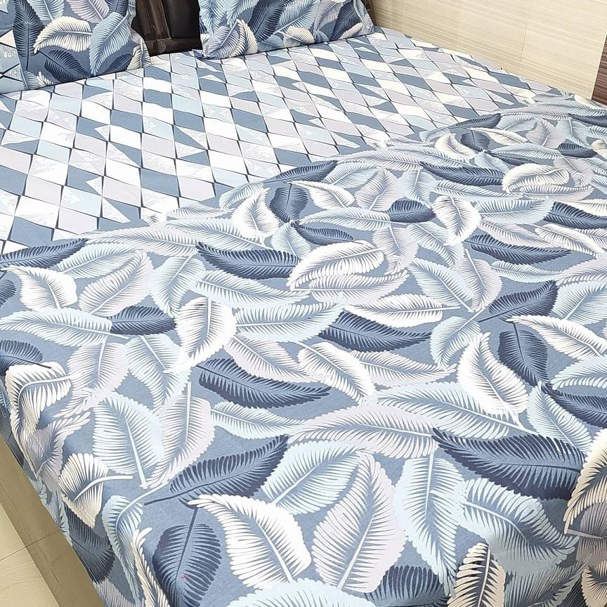 Blue Floral Printed Double Super King Sized Bedsheet With 2 Pillow Covers