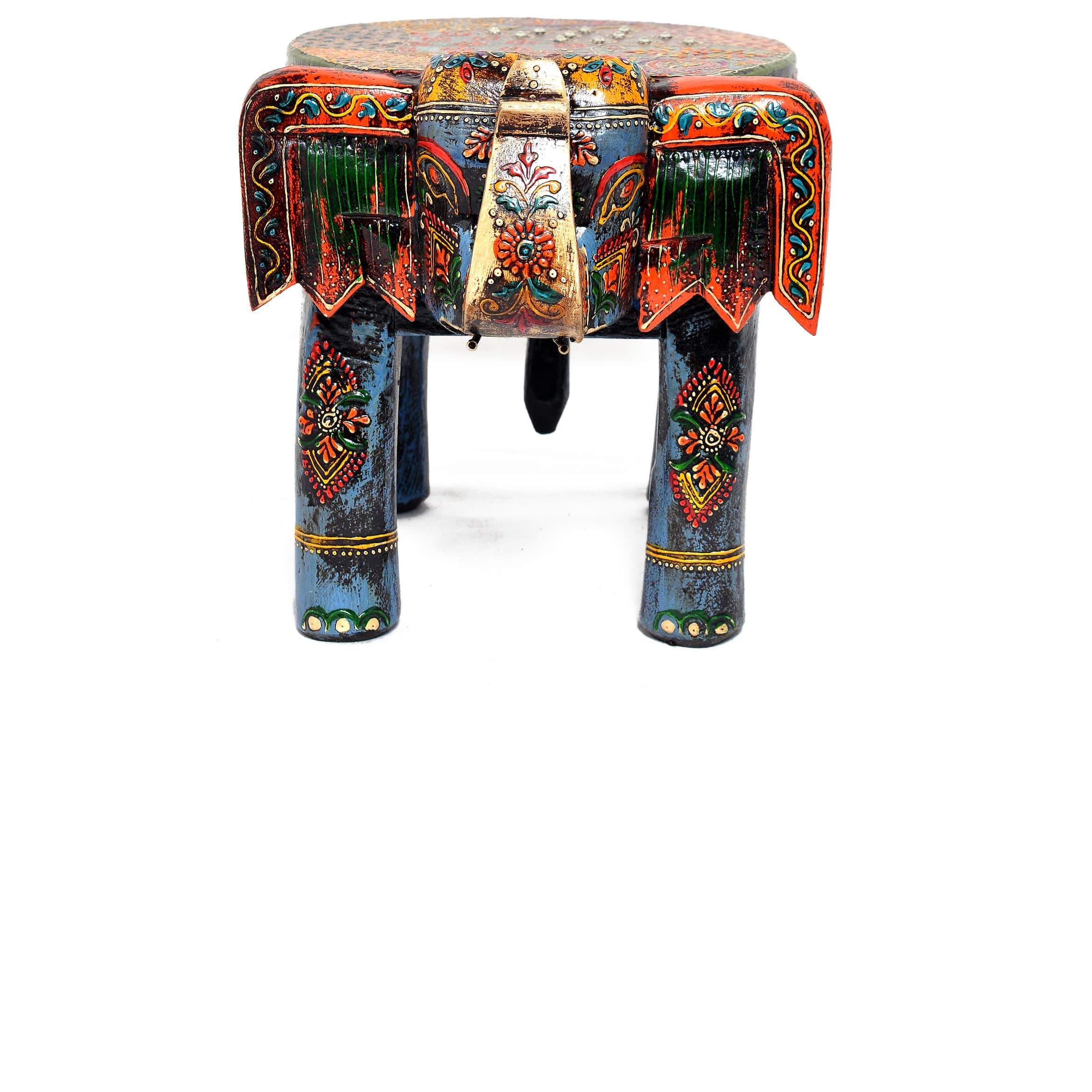 Handmade Wooden Multicolor Tabletop Elephant Figurine Stool - front_view