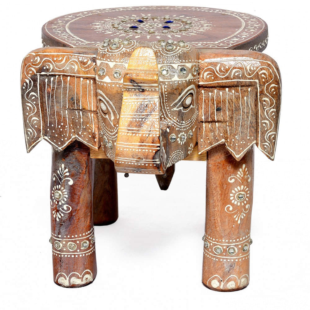 Handmade Natural Wood Tabletop Elephant Figurine Stool - photo