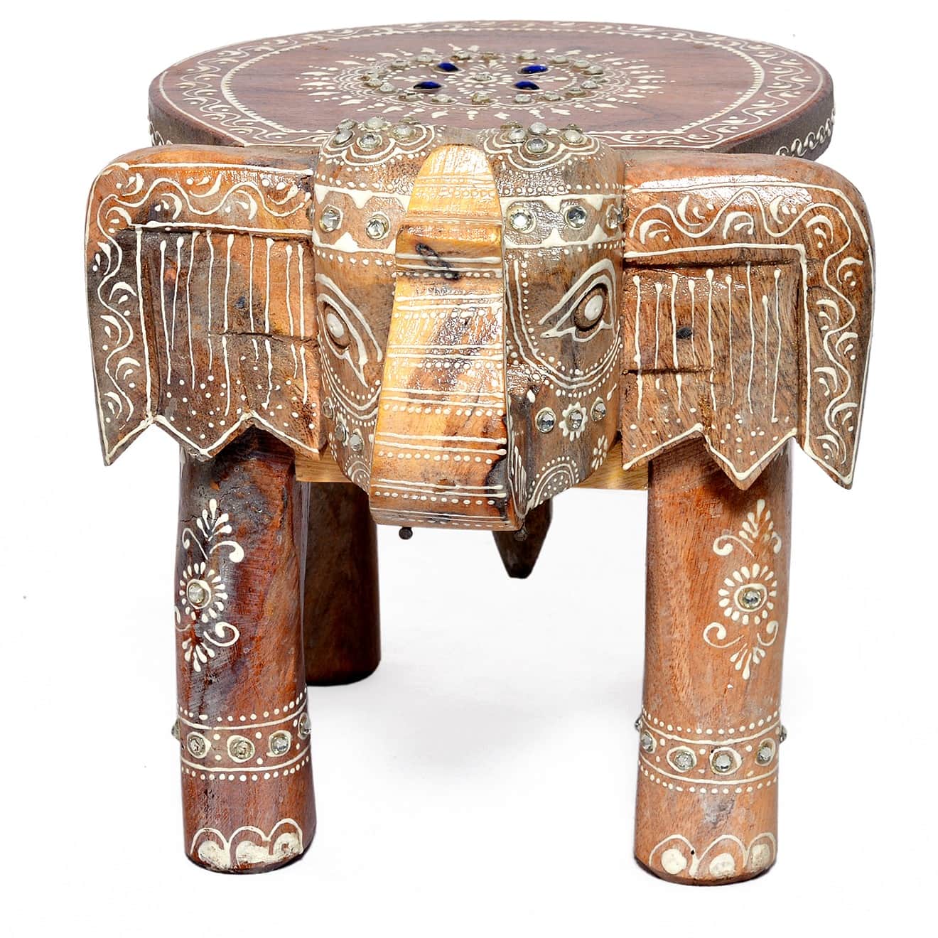 Handmade Natural Wood Tabletop Elephant Figurine Stool - front_view