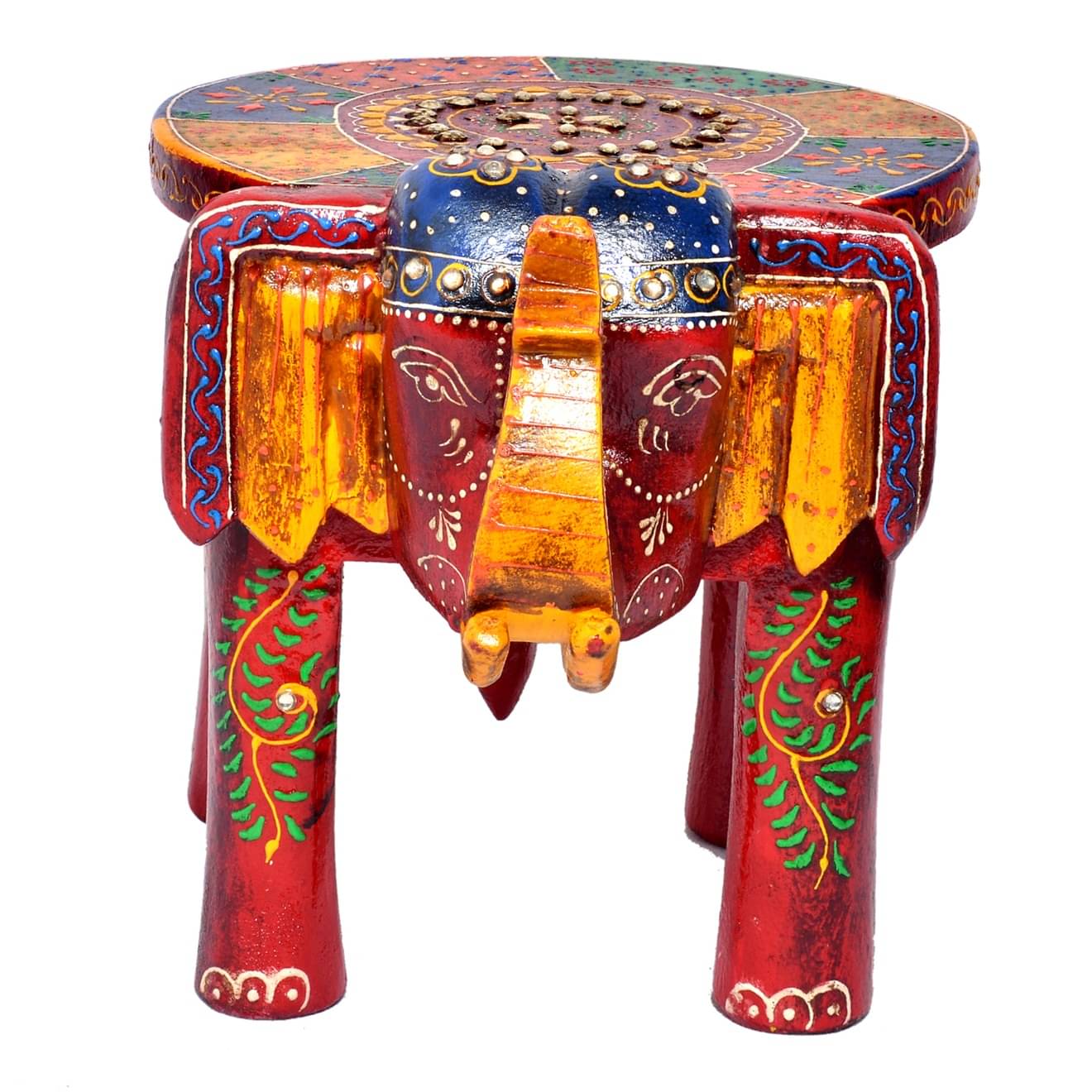 Wooden Multicolor Tabletop Elephant Figurine Stool