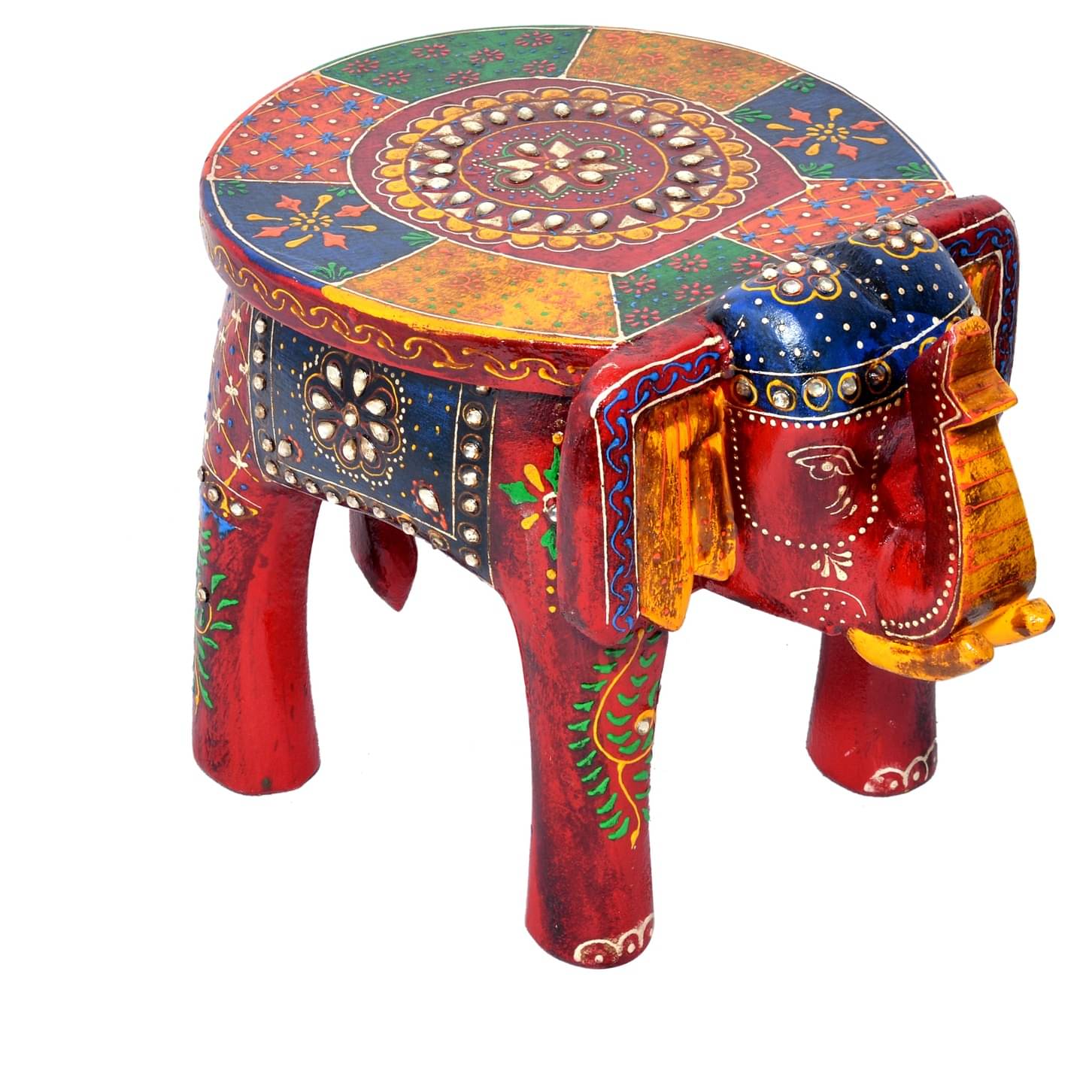 Wooden Multicolor Tabletop Elephant Figurine Stool