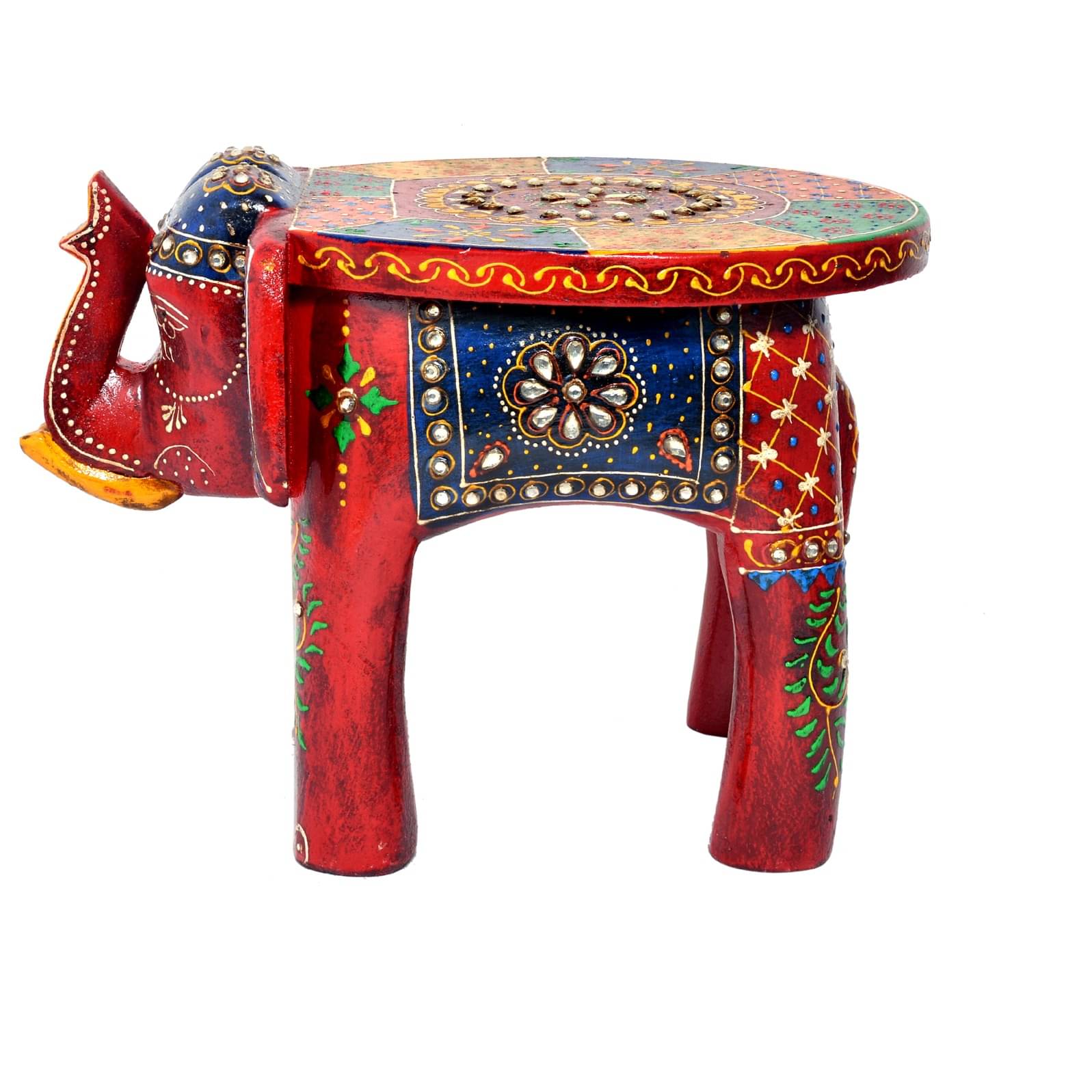 Wooden Multicolor Tabletop Elephant Figurine Stool
