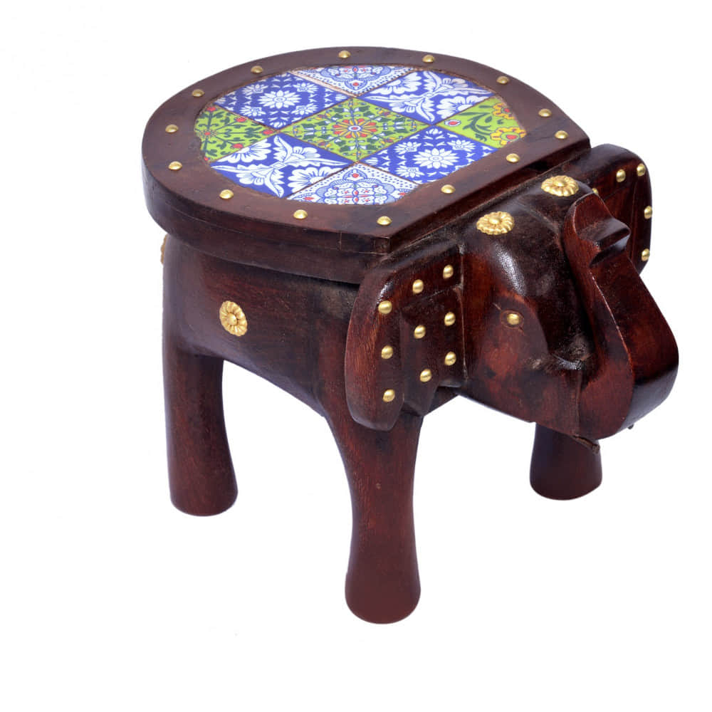Wooden Tile-Fitted Brass Work Tabletop Elephant Figurine Stool - photo