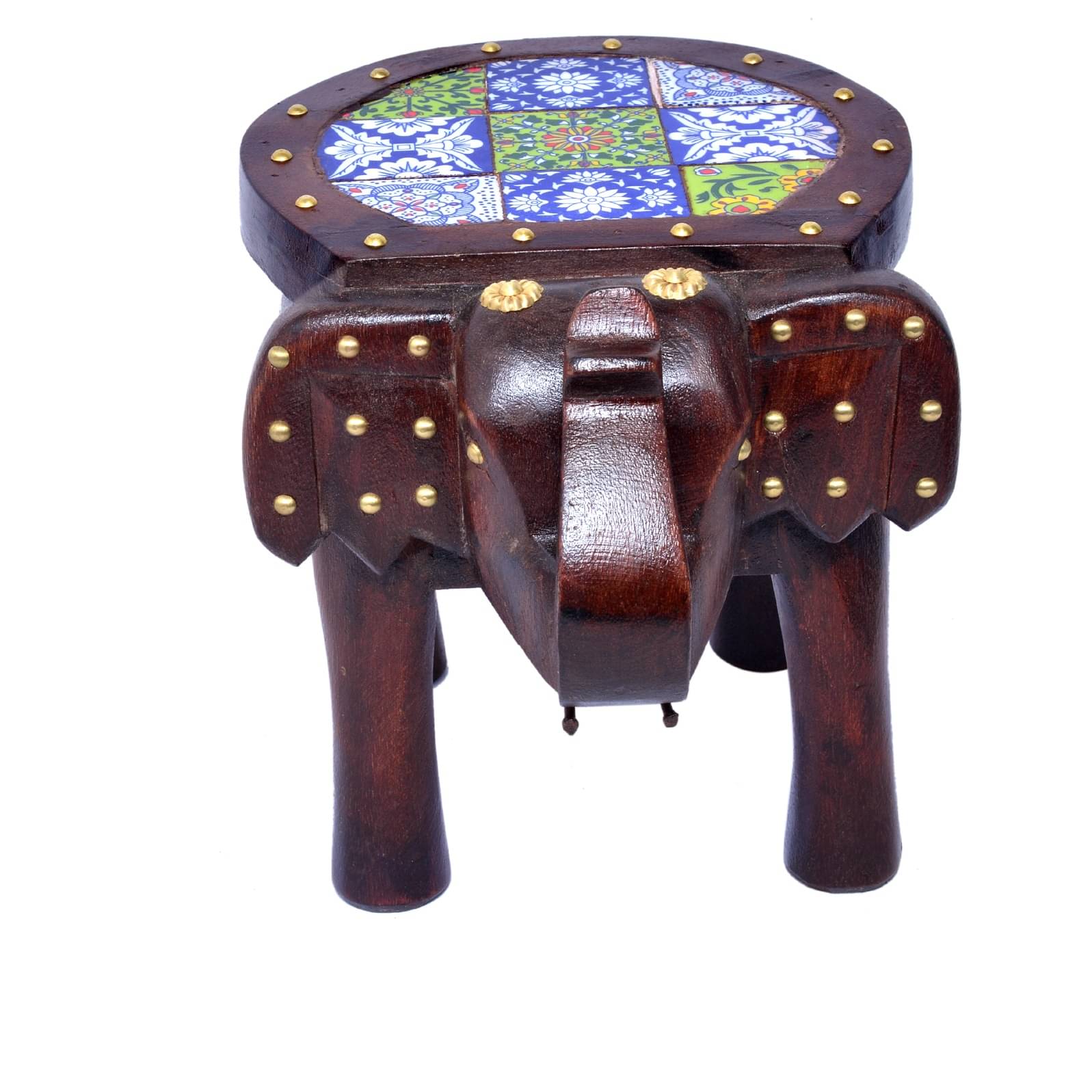 Wooden Tile-Fitted Brass Work Tabletop Elephant Figurine Stool