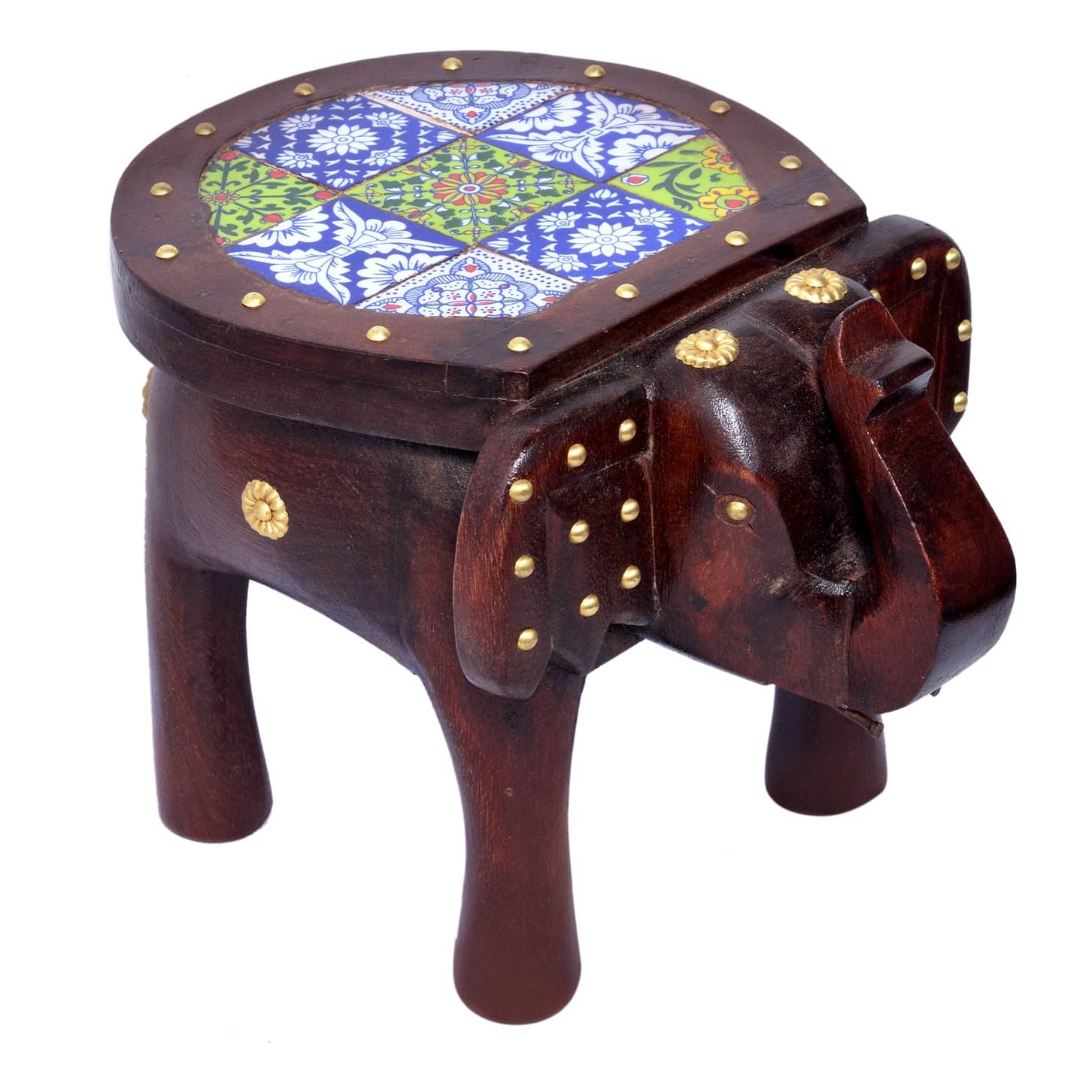 Wooden Tile-Fitted Brass Work Tabletop Elephant Figurine Stool