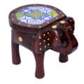 Wooden Tile-Fitted Brass Work Tabletop Elephant Figurine Stool - top_view