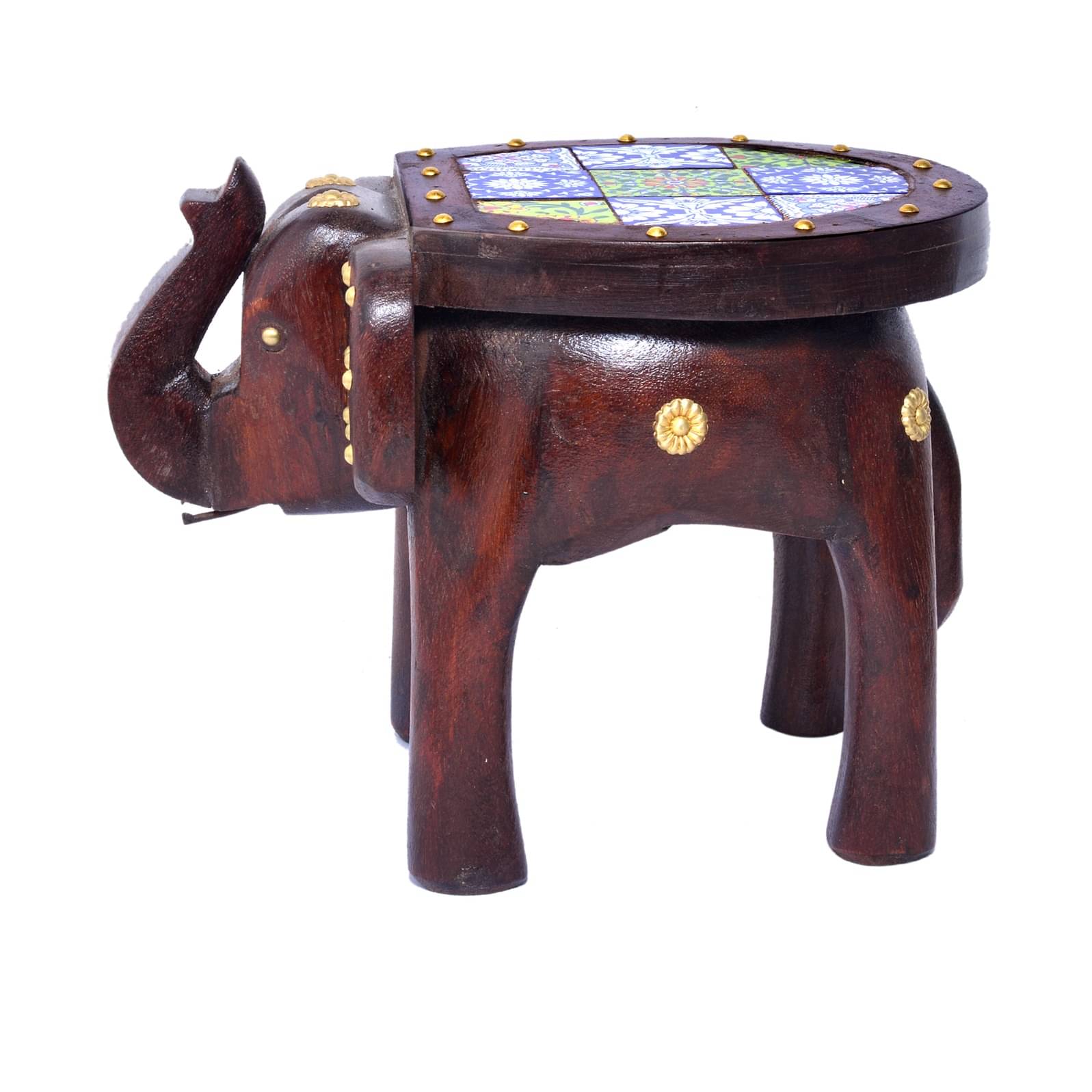 Wooden Tile-Fitted Brass Work Tabletop Elephant Figurine Stool
