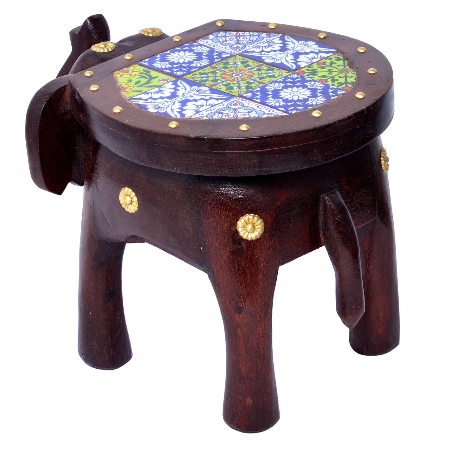 Wooden Tile-Fitted Brass Work Tabletop Elephant Figurine Stool