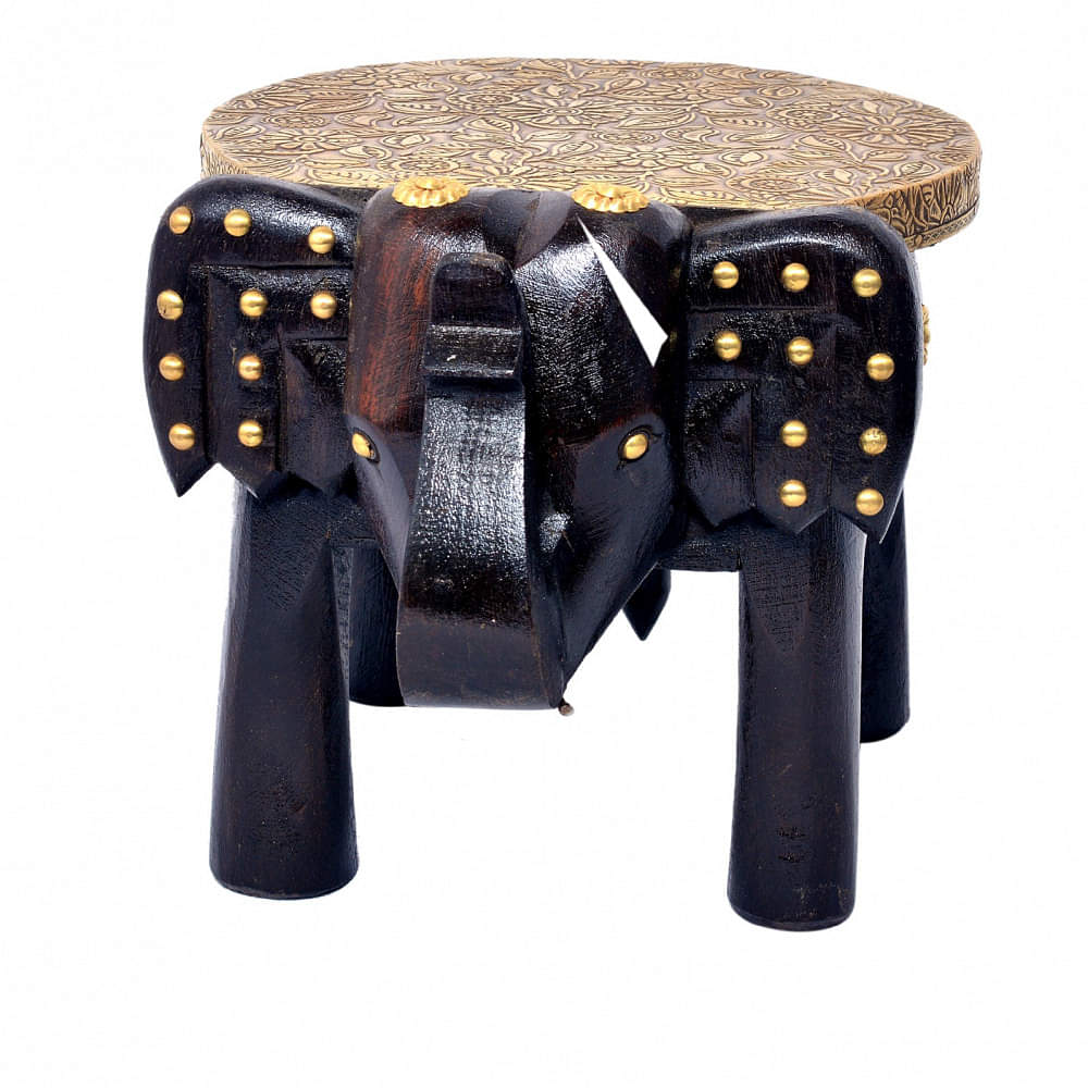 Brass-Fitted Tabletop Elephant Figurine Stool - photo