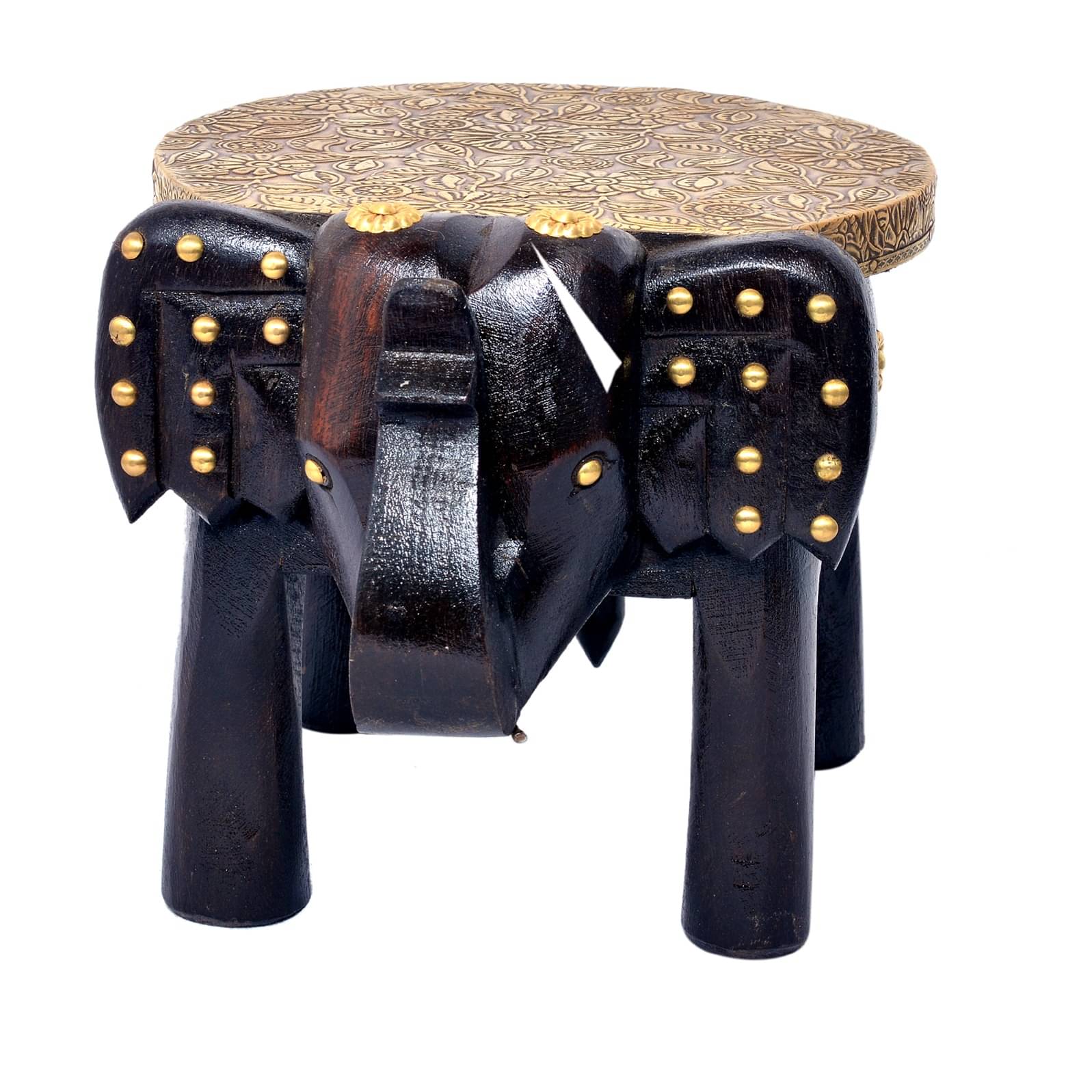 Brass-Fitted Tabletop Elephant Figurine Stool