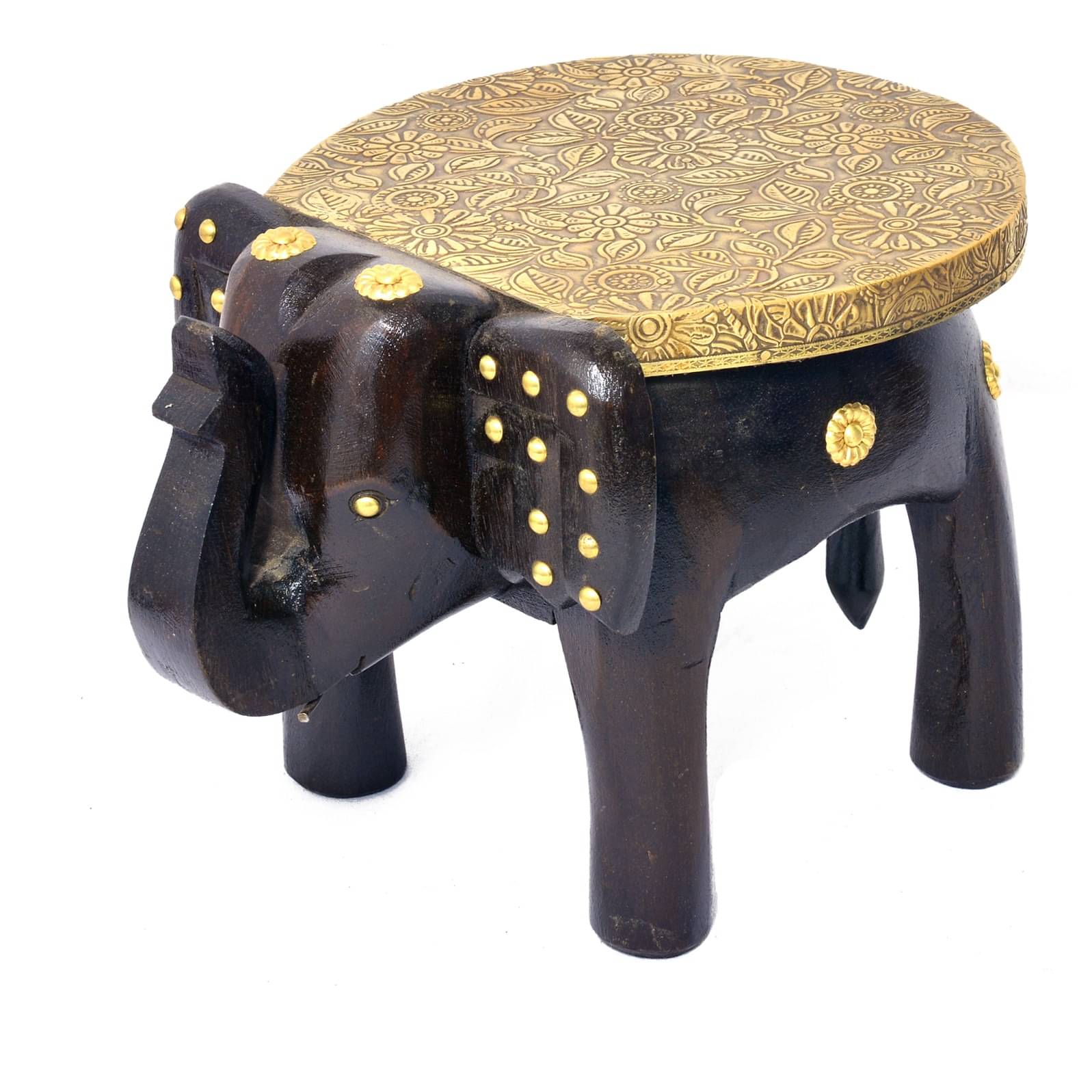 Brass-Fitted Tabletop Elephant Figurine Stool
