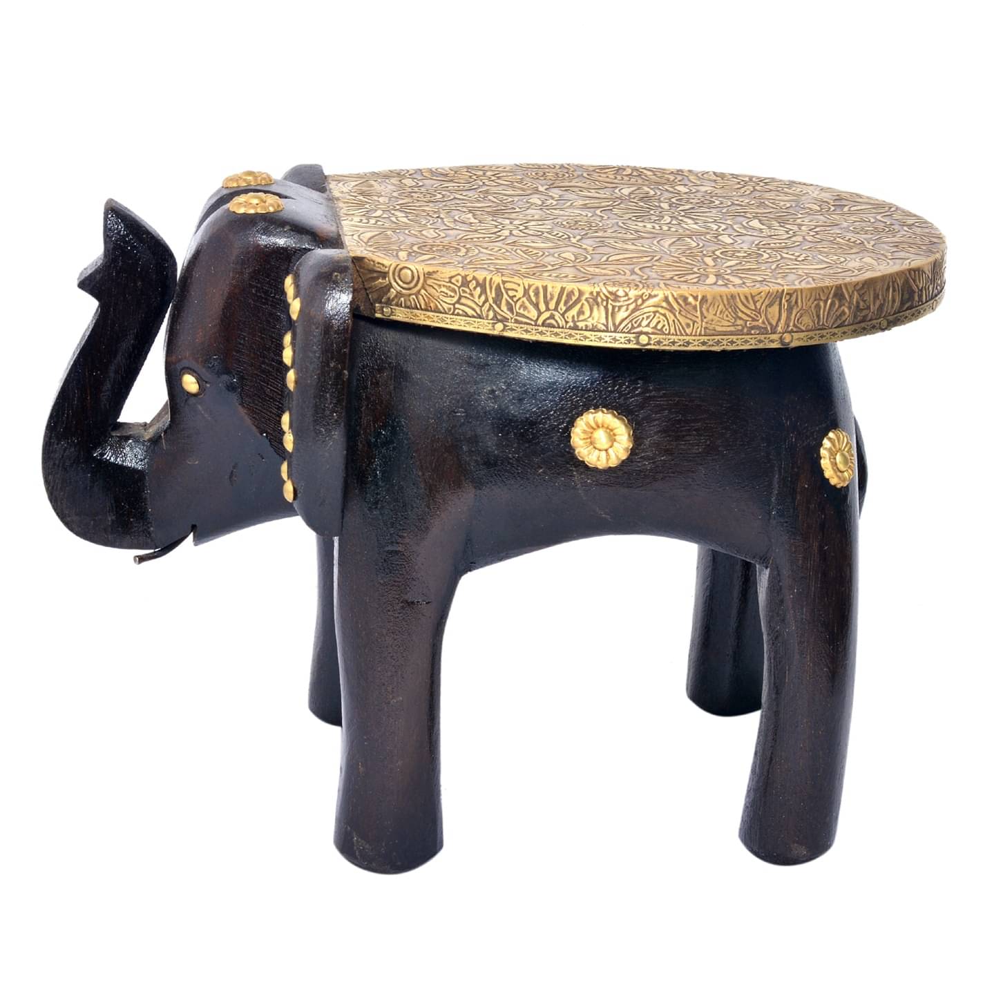 Brass-Fitted Tabletop Elephant Figurine Stool