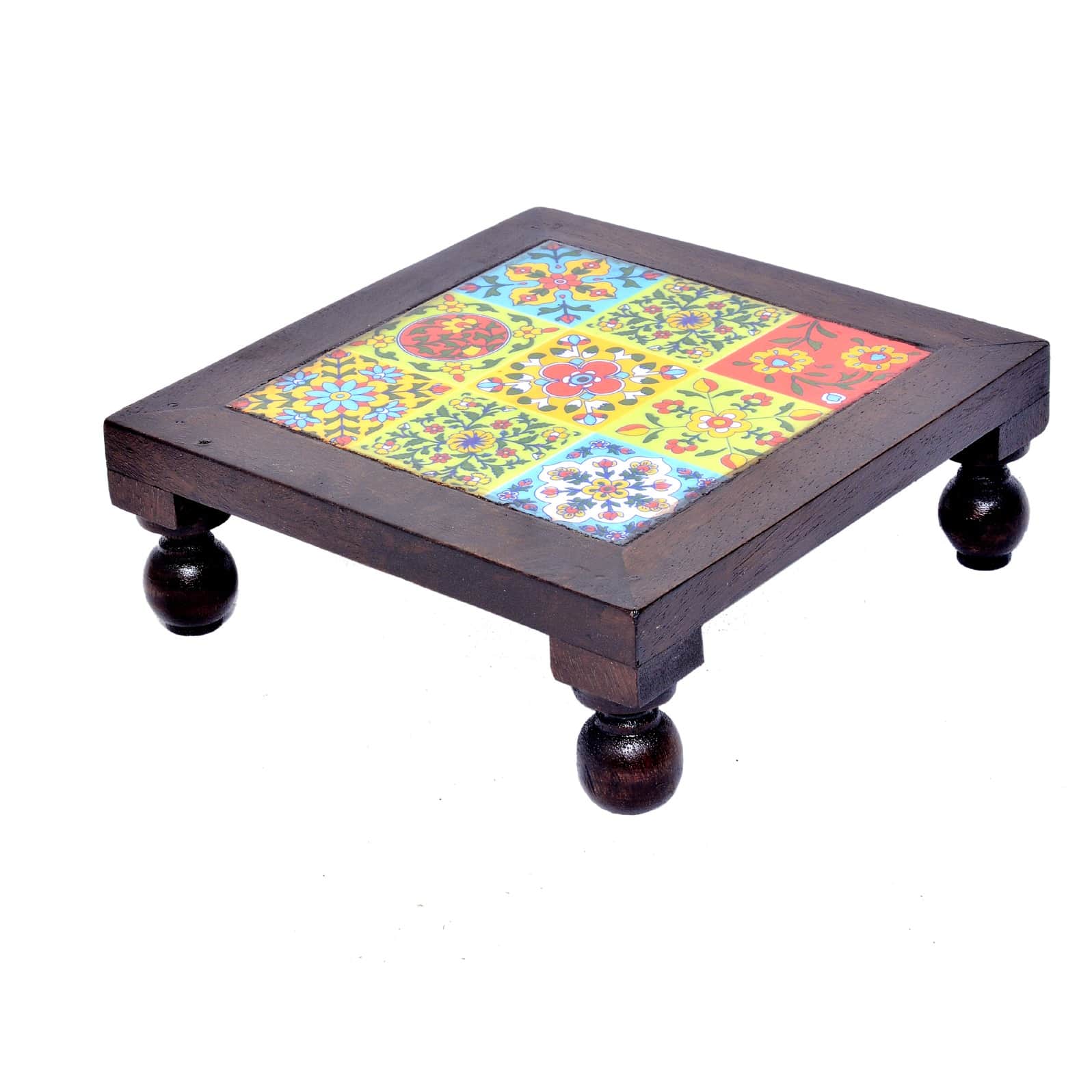 Wooden Tile-Fitted Small 8 Inch Chowki - rear_view
