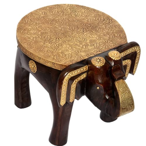 Brass-Fitted Elephant Design Sitting Stool