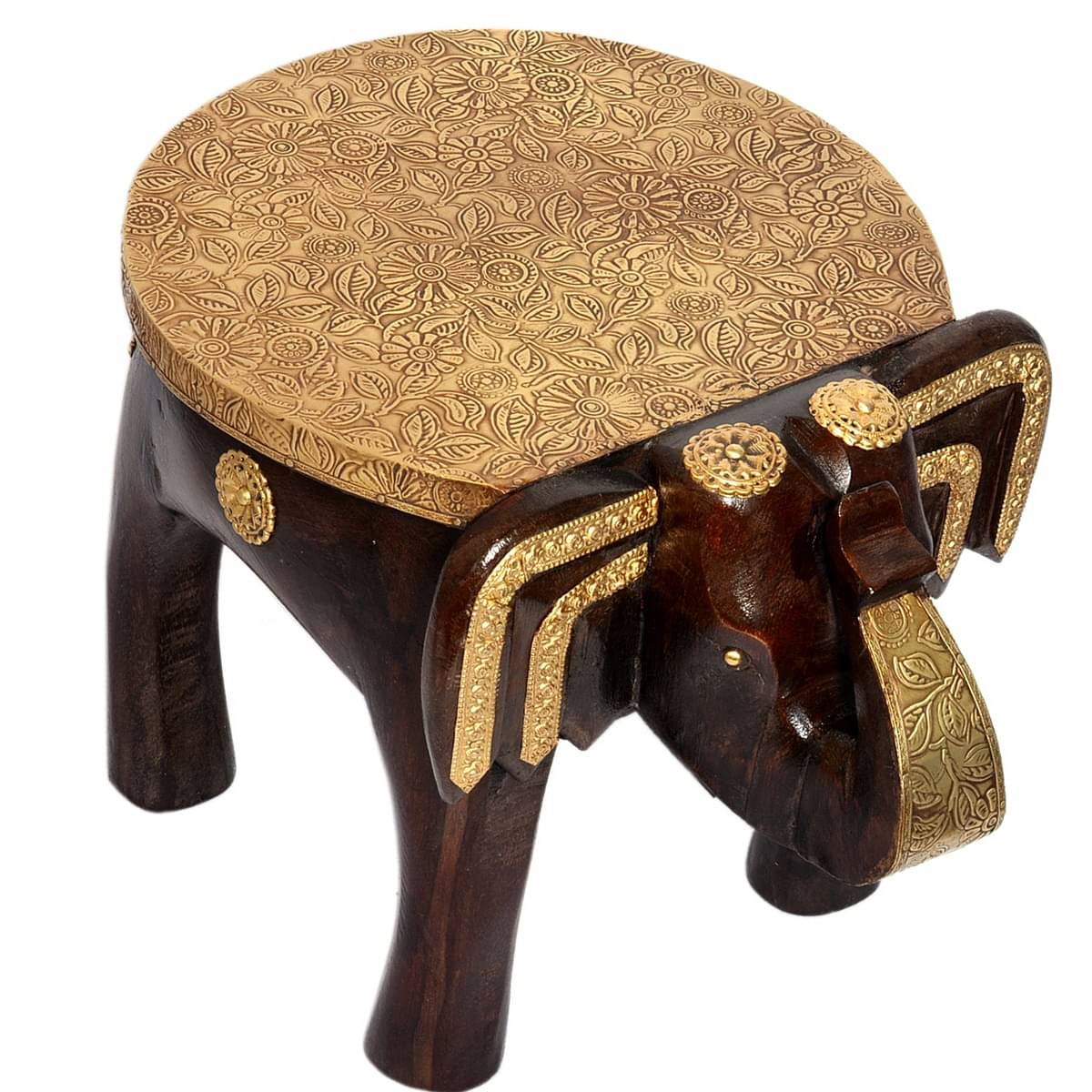 Brass-Fitted Elephant Design Sitting Stool