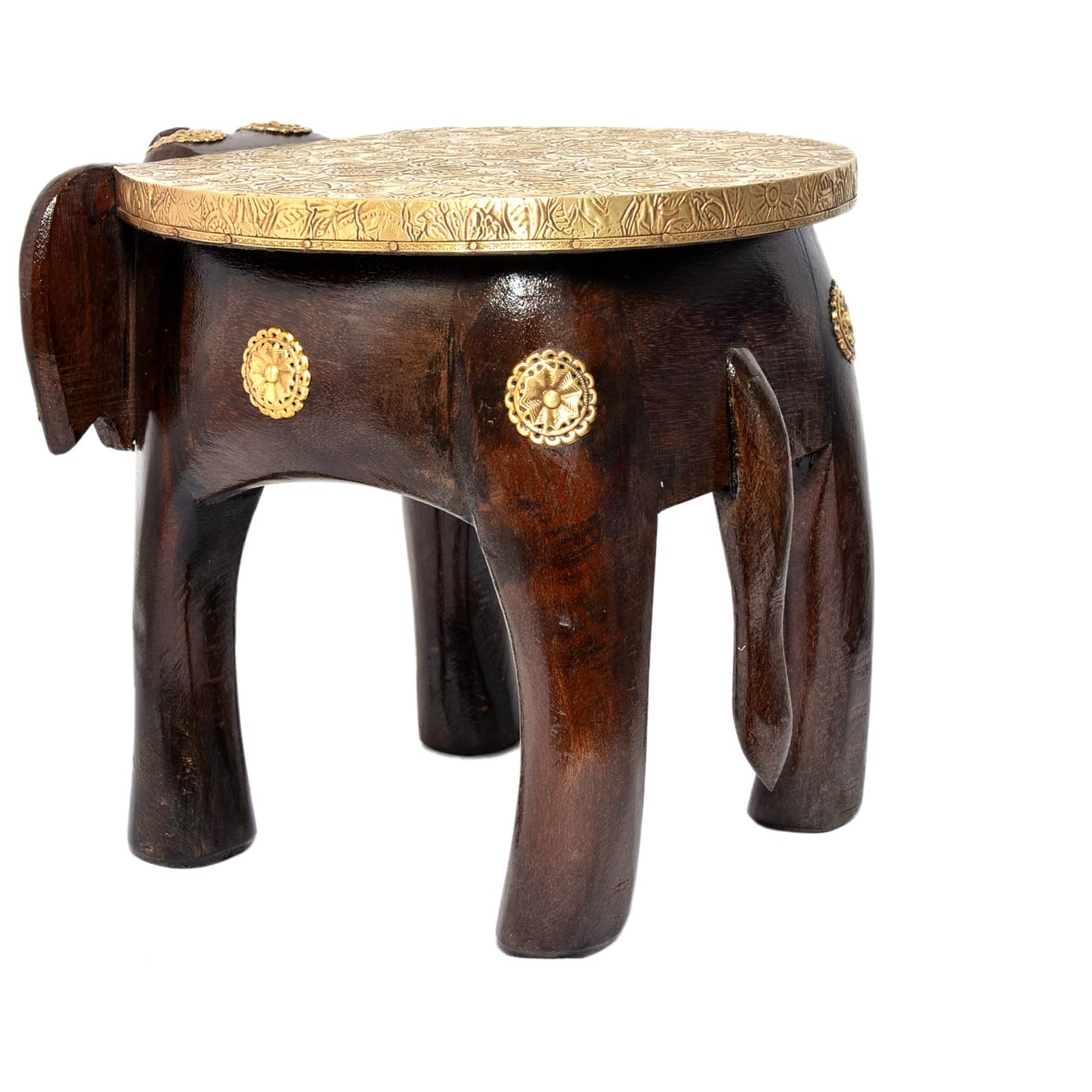 Brass-Fitted Elephant Design Sitting Stool