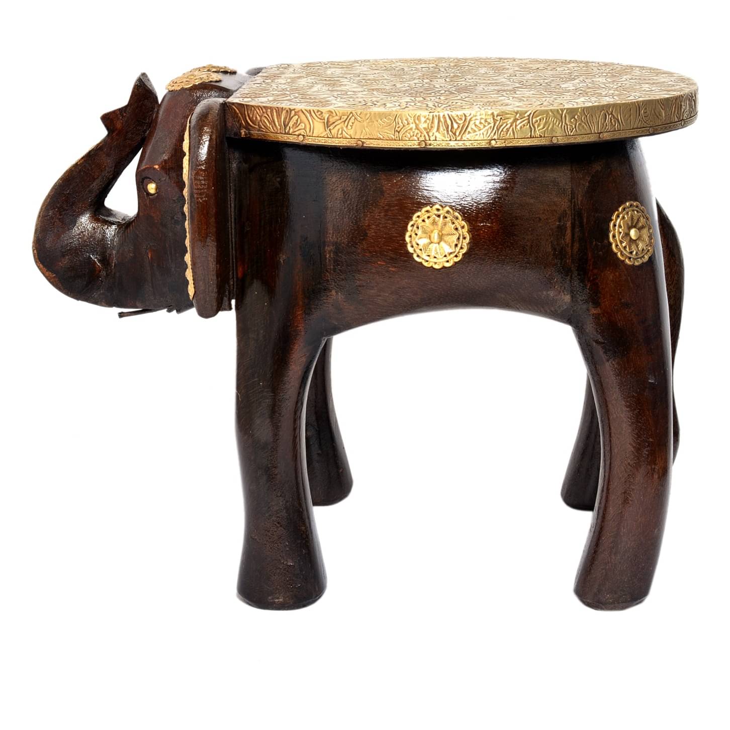 Brass-Fitted Elephant Design Sitting Stool