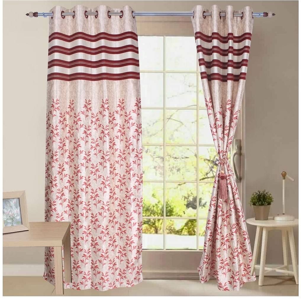 Jacquard Small Leaf Design Long Window Single Curtain -(Red)