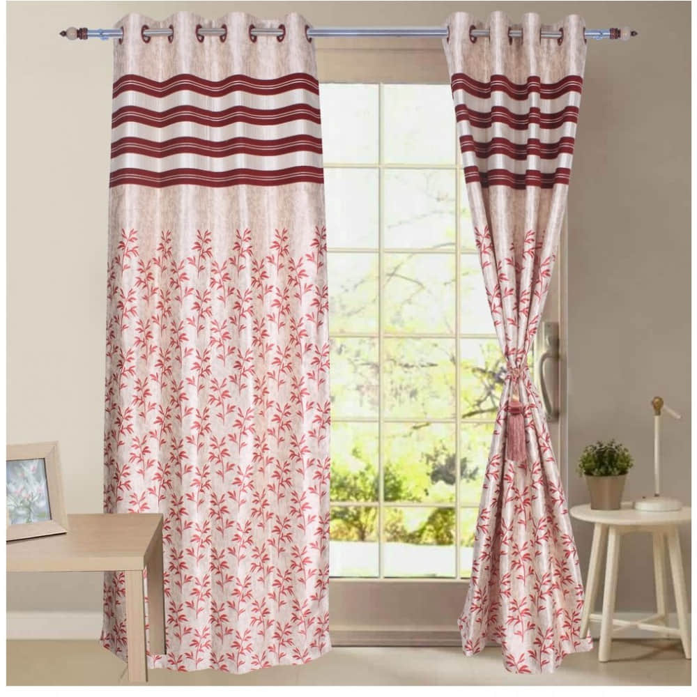 Jacquard Small Leaf Design Long Window Single Curtain -(Red) - photo