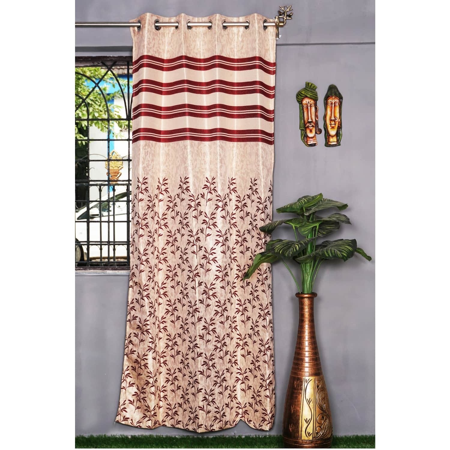 Jacquard Small Leaf Design Long Window Single Curtain -(Red) - front_view