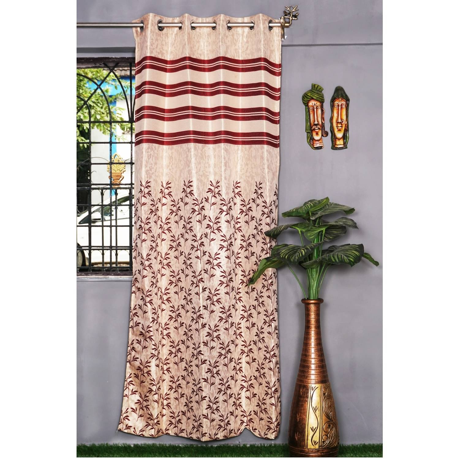 Jacquard Small Leaf Design Long Window Single Curtain -(Red)