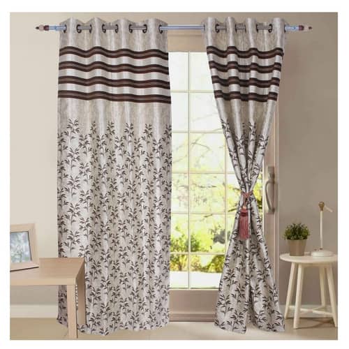 Jacquard Small Leaf Design Long Window Single Curtain (Brown)