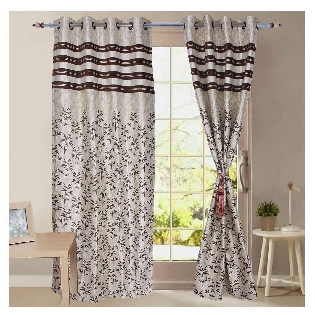 Jacquard Small Leaf Design Long Window Single Curtain (Brown)