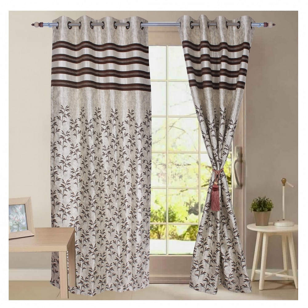 Jacquard Small Leaf Design Long Window Single Curtain (Brown) - photo